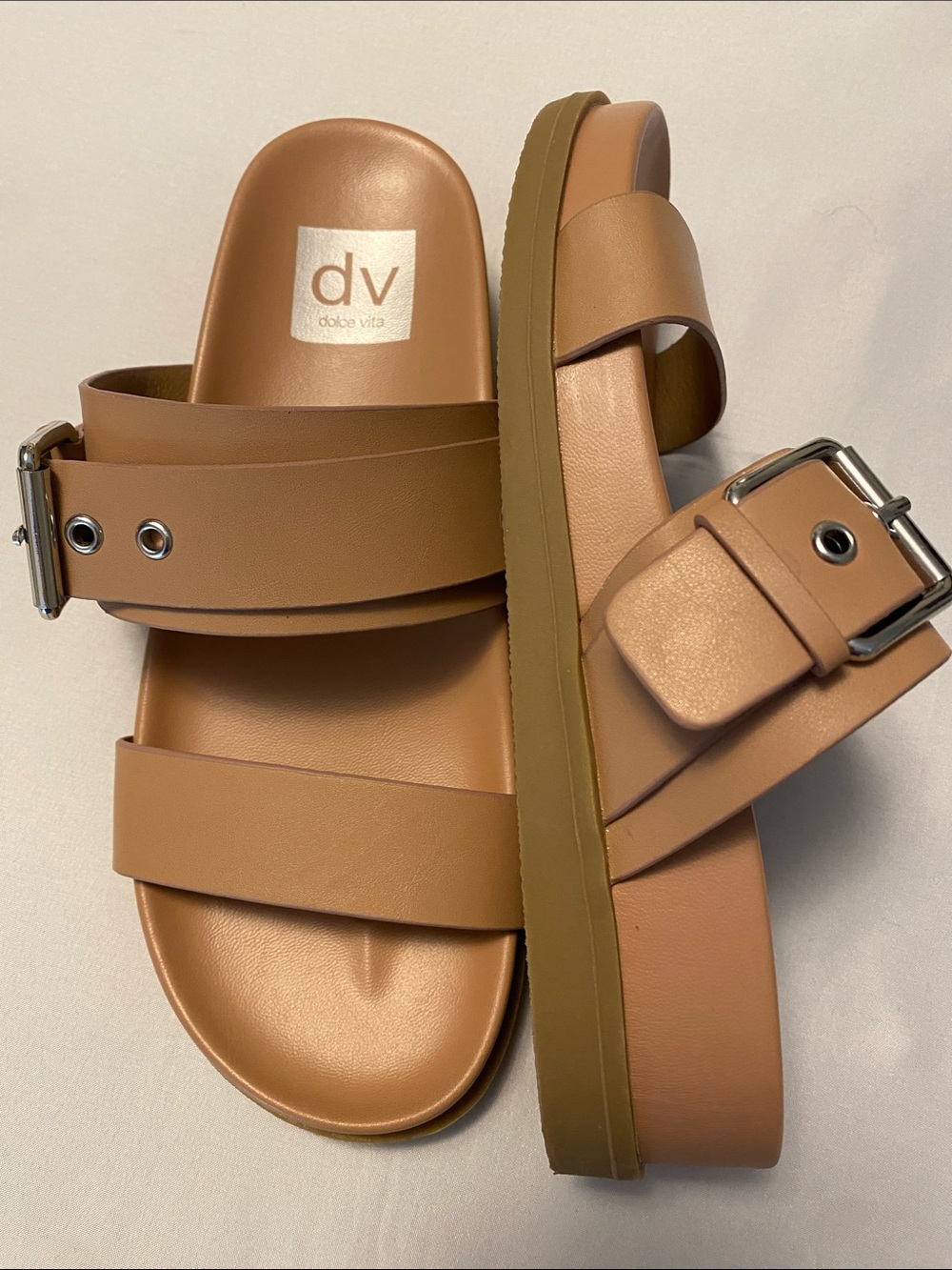 DV by Dolce Vita Tan Double-Strap Slide Sandals with Buckle